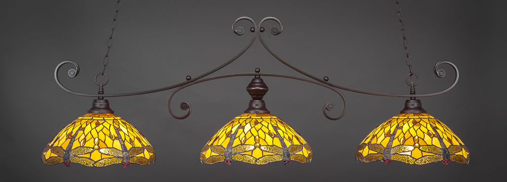 Curl 3 Light Billiard Light Shown In Dark Granite Finish With 16" Amber Dragonfly Tiffany Glass