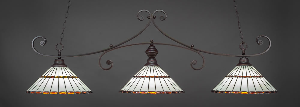 Curl 3 Light Billiard Light Shown In Dark Granite Finish With 15.5" Honey Glass &Amber Brown Jewels Tiffany Glass