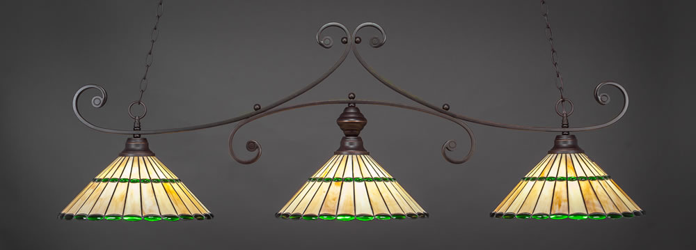 Curl 3 Light Billiard Light Shown In Dark Granite Finish With 15.5" Honey Glass & Green Jewels Tiffany Glass