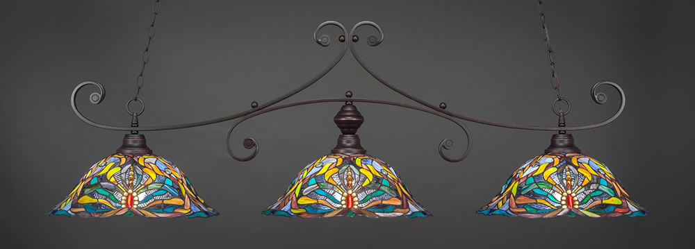 Curl 3 Light Billiard Light Shown In Dark Granite Finish With 19" Kaleidoscope Tiffany Glass