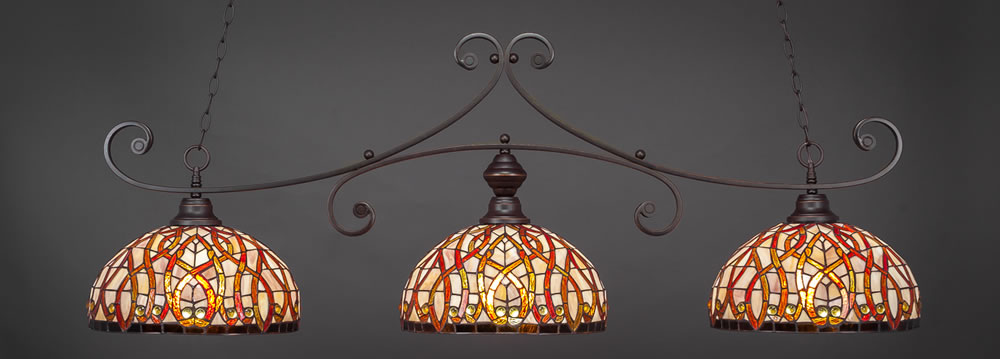 Curl 3 Light Billiard Light Shown In Dark Granite Finish With 15" Persian Nites Tiffany Glass