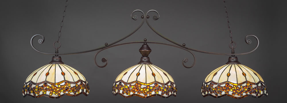 Curl 3 Light Bar Shown In Dark Granite Finish With 16" Roman Jewel Tiffany Glass