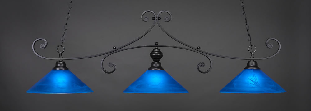Curl 3 Light Billiard Light Shown In Matte Black Finish With 16" Blue Italian Glass