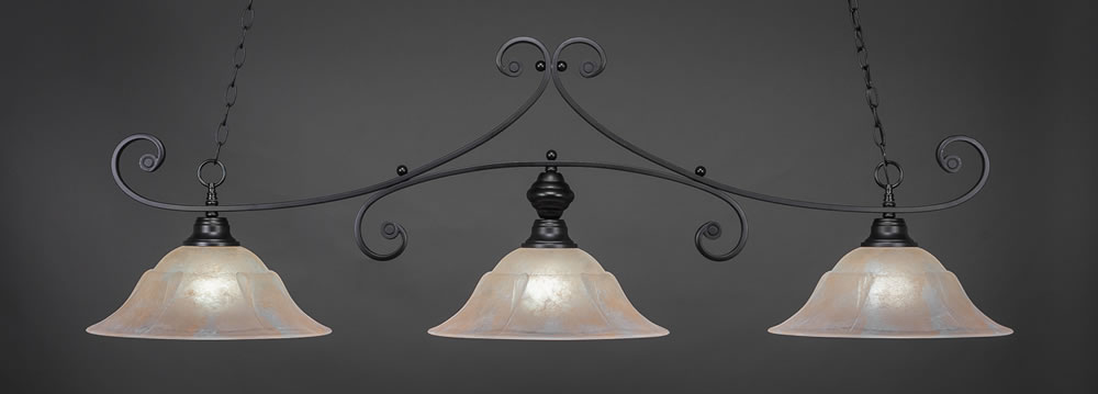 Curl 3 Light Billiard Light Shown In Matte Black Finish With 16" Amber Marble Glass