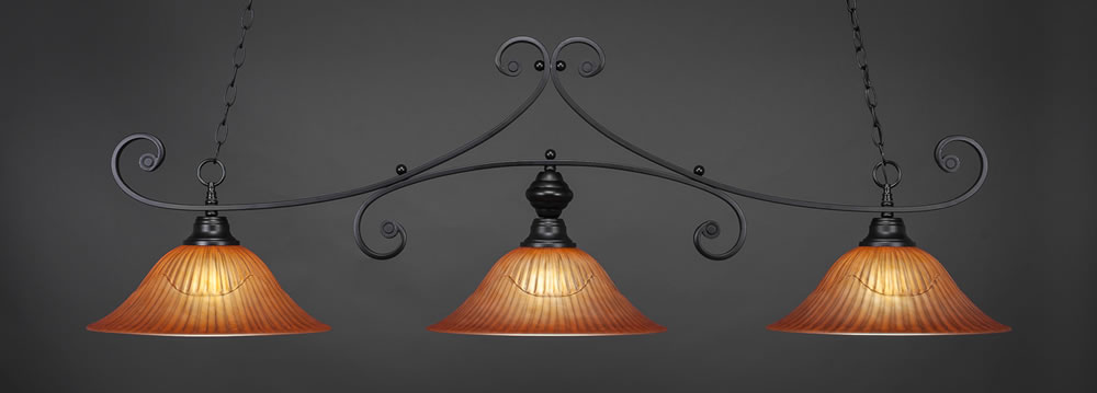 Curl 3 Light Billiard Light Shown In Matte Black Finish With 16" Tiger Glass