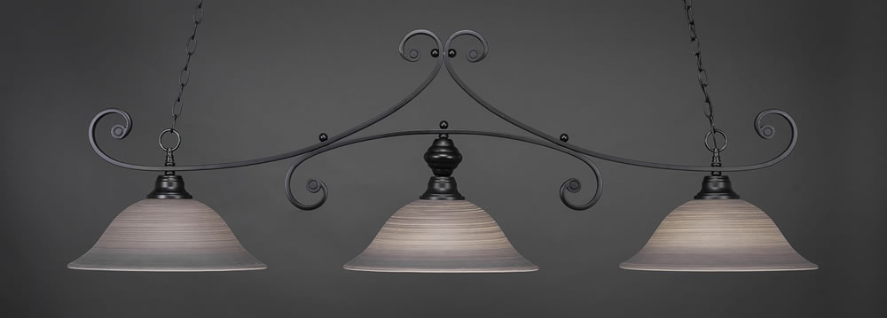 Curl 3 Light Billiard Light Shown In Matte Black Finish With 16" Gray Linen Glass