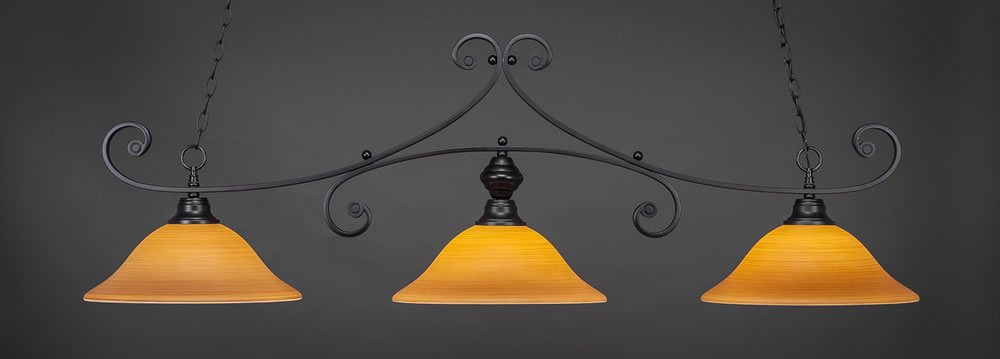 Curl 3 Light Billiard Light Shown In Matte Black Finish With 16" Cayenne Linen Glass