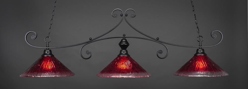 Curl 3 Light Billiard Light Shown In Matte Black Finish With 16" Raspberry Crystal Glass