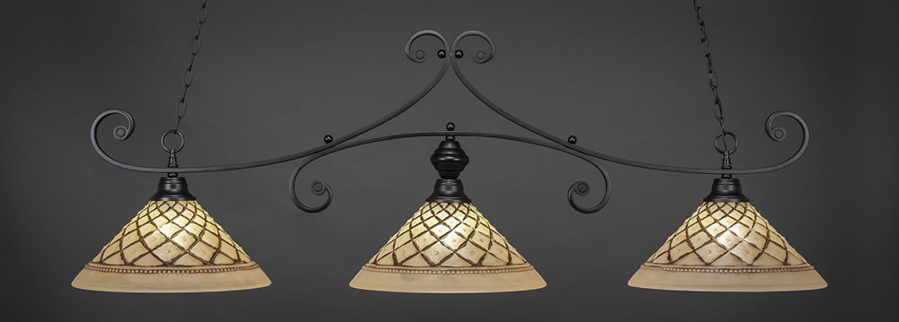 Curl 3 Light Billiard Light Shown In Matte Black Finish With 16" Chocolate Icing Glass