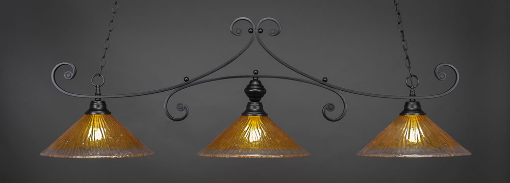 Curl 3 Light Billiard Light Shown In Matte Black Finish With 16" Gold Champagne Crystal Glass
