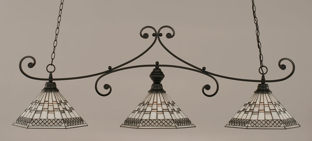 Curl 3 Light Billiard Light Shown In Matte Black Finish With 16" Pewter Tiffany Glass