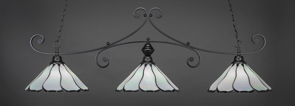 Curl 3 Light Billiard Light Shown In Matte Black Finish With 16" Pearl & Black Flair Tiffany Glass