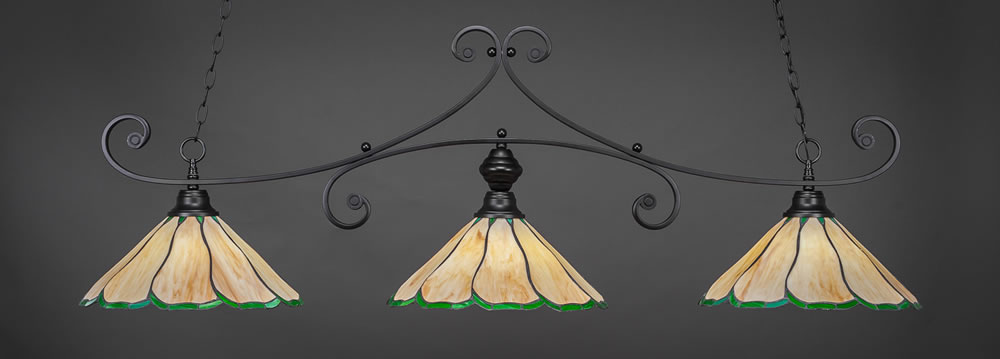 Curl 3 Light Billiard Light Shown In Matte Black Finish With 16" Honey & Hunter Green Flair Tiffany Glass