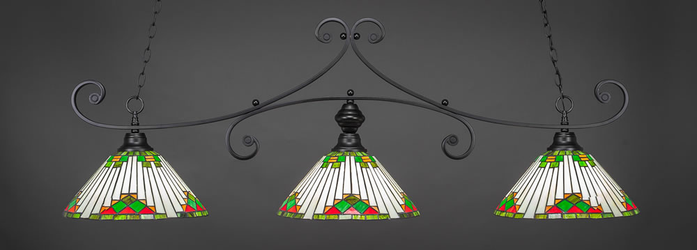 Curl 3 Light Billiard Light Shown In Matte Black Finish With 15" Green Sunray Tiffany Glass