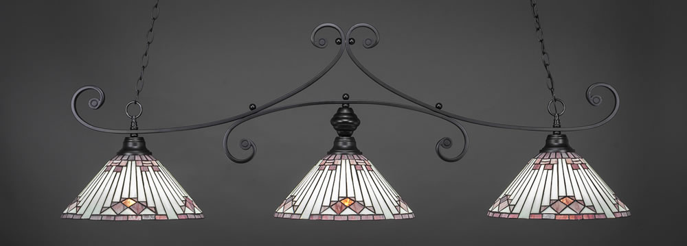 Curl 3 Light Billiard Light Shown In Matte Black Finish With 15" Purple Sunray Tiffany Glass