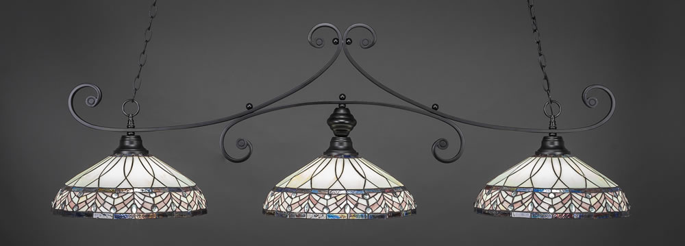 Curl 3 Light Billiard Light Shown In Matte Black Finish With 16" Royal Merlot Tiffany Glass