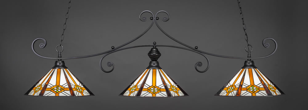 Curl 3 Light Billiard Light Shown In Matte Black Finish With 16" Hampton Tiffany Glass