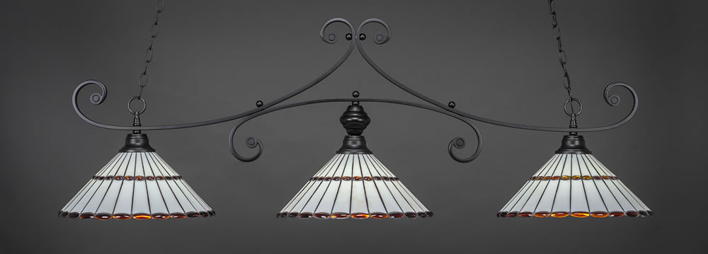 Curl 3 Light Billiard Light Shown In Matte Black Finish With 15.5" Honey Glass &Amber Brown Jewels Tiffany Glass