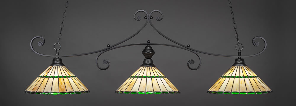 Curl 3 Light Billiard Light Shown In Matte Black Finish With 15.5" Honey Glass & Green Jewels Tiffany Glass