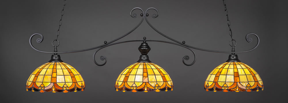 Curl 3 Light Billiard Light Shown In Matte Black Finish With 14.5" Butterscotch Tiffany Glass