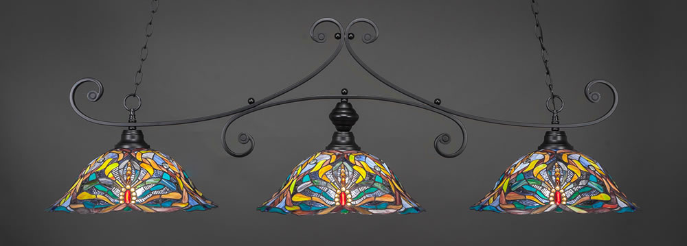 Curl 3 Light Billiard Light Shown In Matte Black Finish With 19" Kaleidoscope Tiffany Glass
