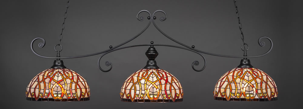 Curl 3 Light Billiard Light Shown In Matte Black Finish With 15" Persian Nites Tiffany Glass