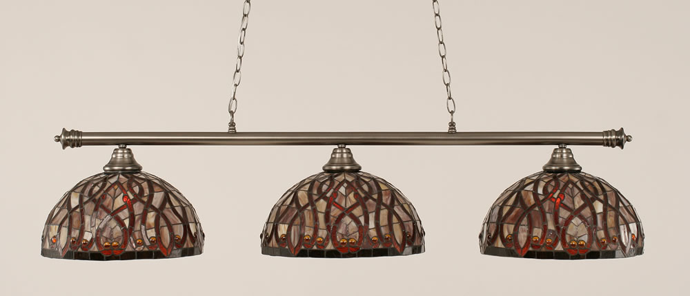 Oxford 3 Light Billiard Light Shown In Brushed Nickel Finish With 15" Persian Nites Tiffany Glass