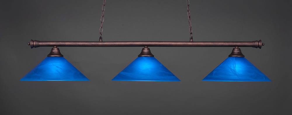 Oxford 3 Light Billiard Light Shown In Bronze Finish With 16" Blue Italian Glass
