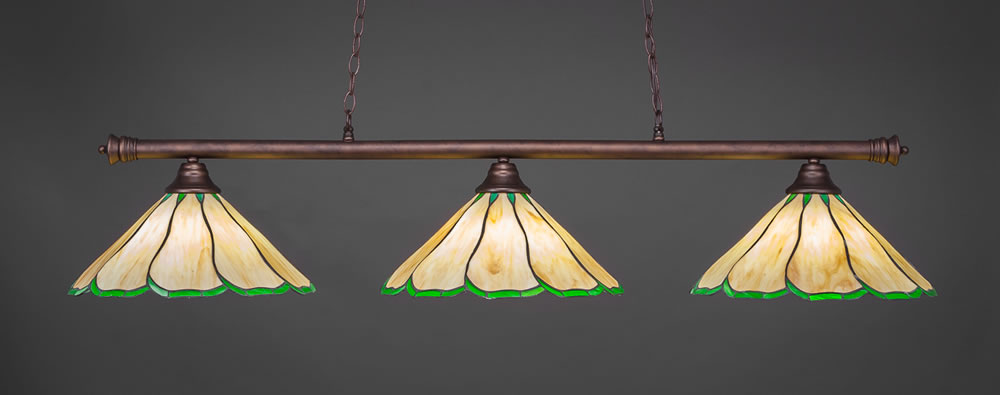 Oxford 3 Light Billiard Light Shown In Bronze Finish With 16" Honey & Hunter Green Flair Tiffany Glass