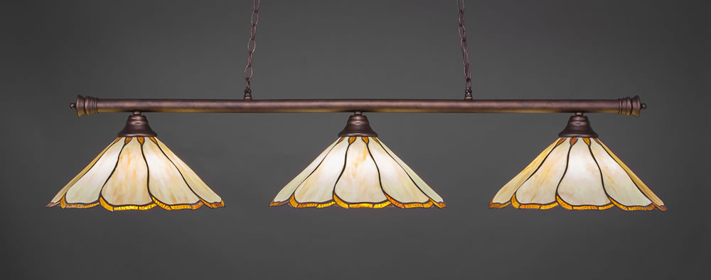 Oxford 3 Light Billiard Light Shown In Bronze Finish With 16" Honey & Brown Flair Tiffany Glass