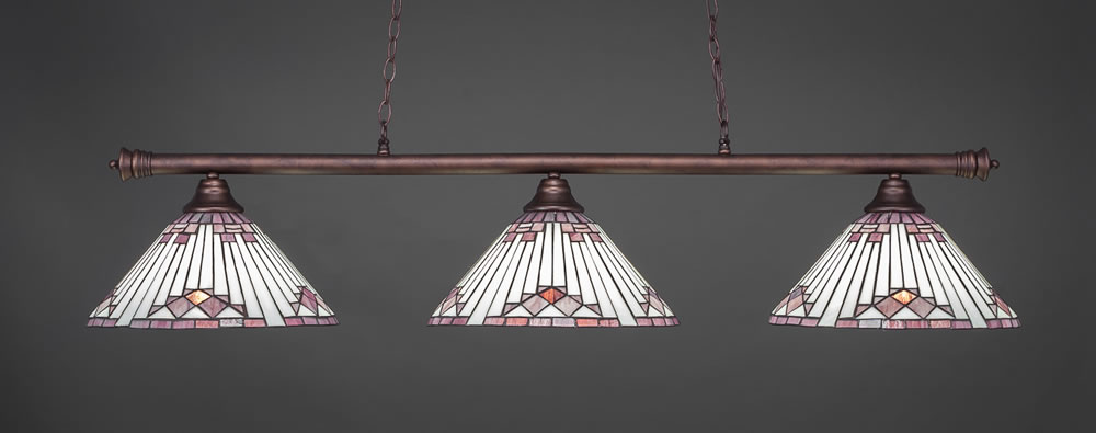 Oxford 3 Light Billiard Light Shown In Bronze Finish With 15" Purple Sunray Tiffany Glass