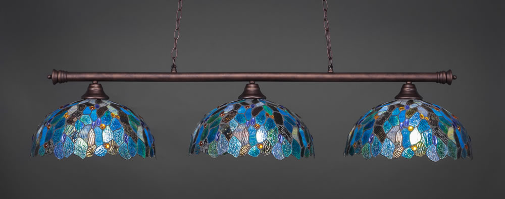 Oxford 3 Light Billiard Light Shown In Bronze Finish With 16" Blue Mosaic Tiffany Glass