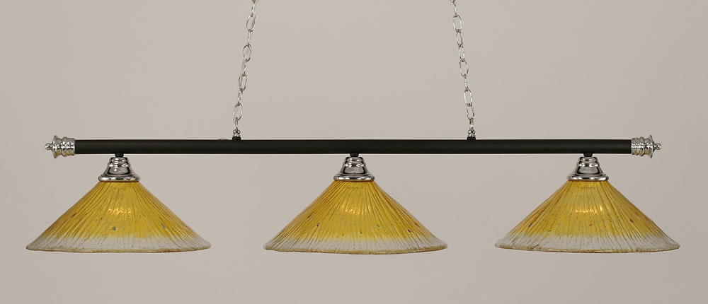 Oxford 3 Light Billiard Light Shown In Chrome And Matte Black Finish With 16" Gold Champagne Crystal Glass