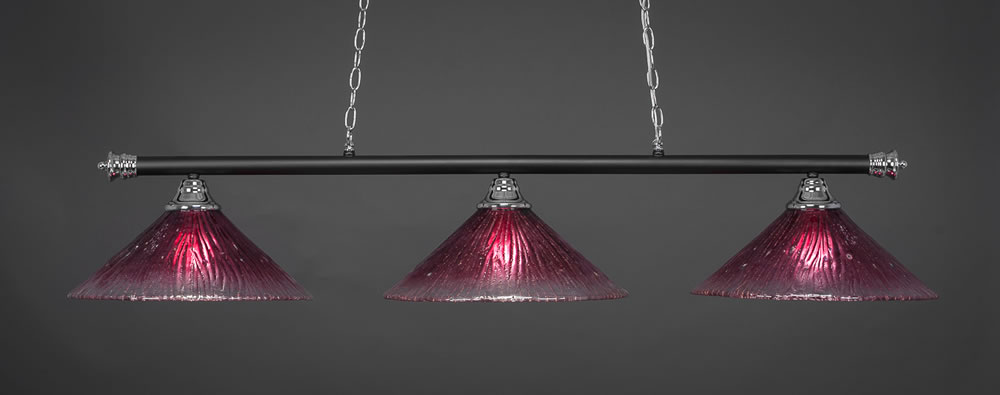 Oxford 3 Light Billiard Light Shown In Chrome And Matte Black Finish With 16" Wine Crystal Glass