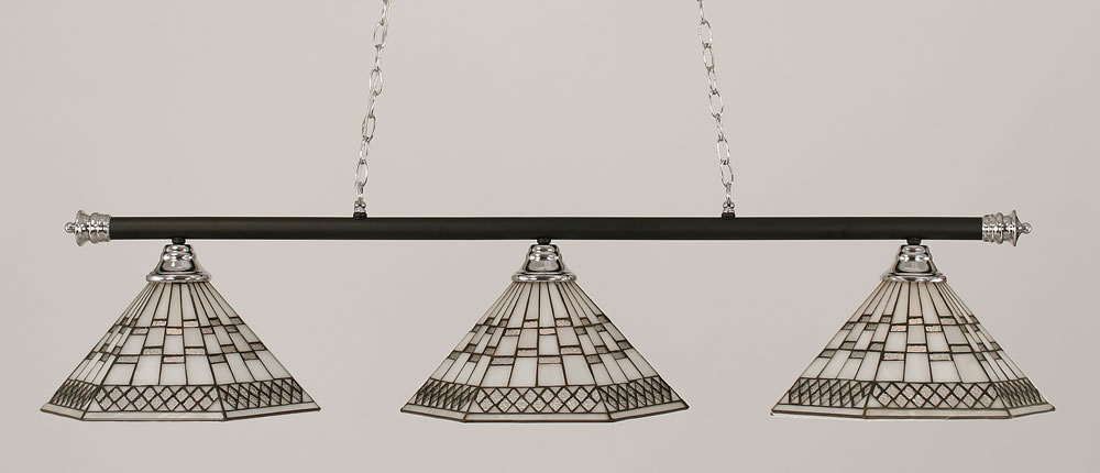 Oxford 3 Light Billiard Light Shown In Chrome And Matte Black Finish With 16" Pewter Tiffany Glass