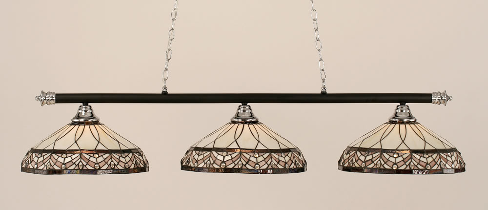 Oxford 3 Light Billiard Light Shown In Chrome And Matte Black Finish With 16" Royal Merlot Tiffany Glass