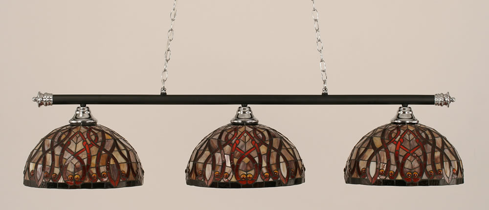 Oxford 3 Light Billiard Light Shown In Chrome And Matte Black Finish With 15" Persian Nites Tiffany Glass