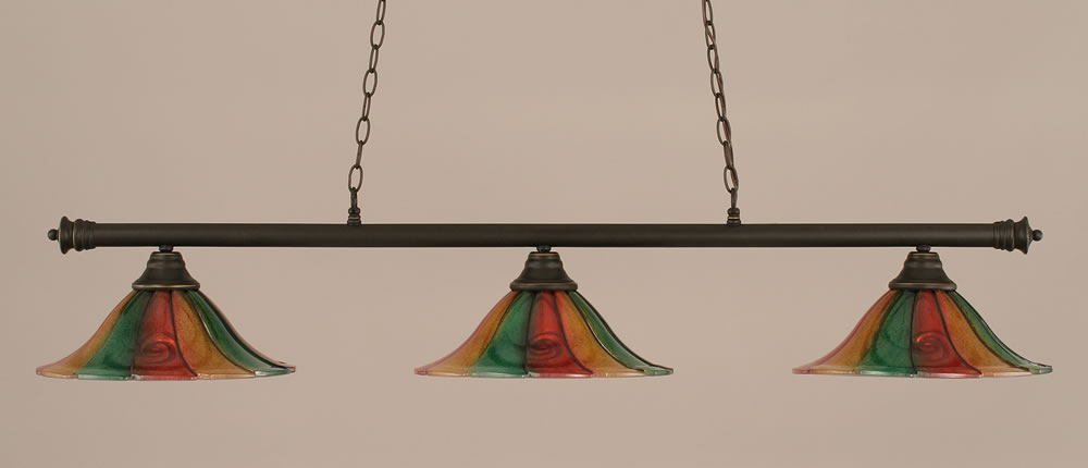 Oxford 3 Light Billiard Light Shown In Dark Granite Finish With 14" Mardi Gras Glass