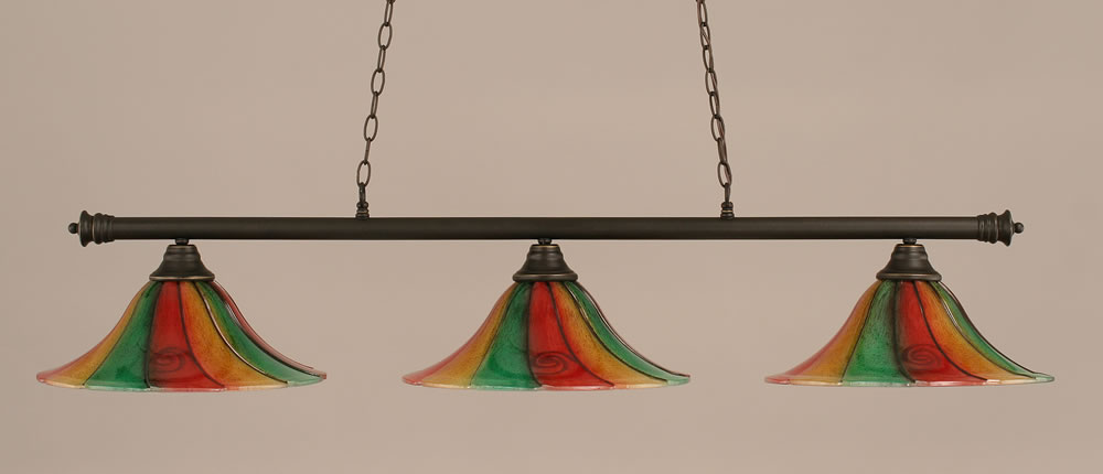 Oxford 3 Light Billiard Light Shown In Dark Granite Finish With 16" Mardi Gras Glass