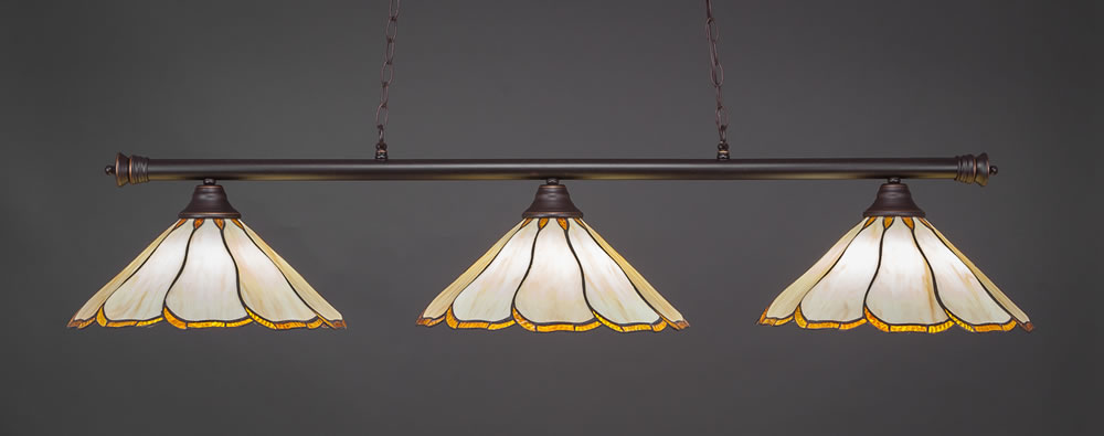 Oxford 3 Light Billiard Light Shown In Dark Granite Finish With 16" Honey & Brown Flair Tiffany Glass