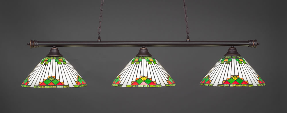 Oxford 3 Light Billiard Light Shown In Dark Granite Finish With 15" Green Sunray Tiffany Glass