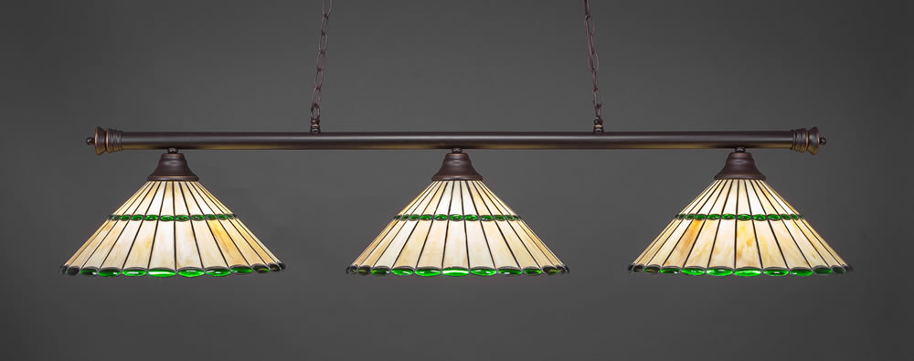 Oxford 3 Light Billiard Light Shown In Dark Granite Finish With 15.5" Honey Glass & Green Jewels Tiffany Glass