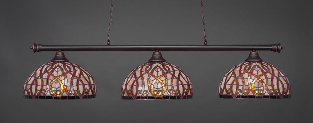 Oxford 3 Light Billiard Light Shown In Dark Granite Finish With 15" Persian Nites Tiffany Glass