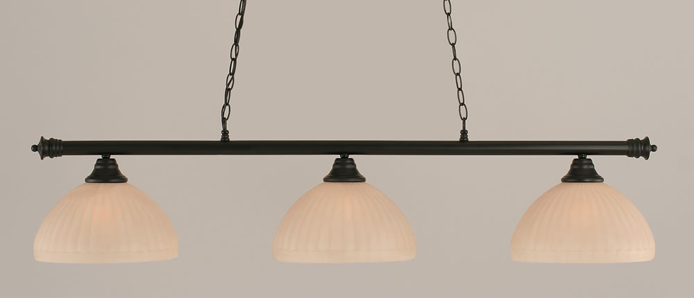 Oxford 3 Light Billiard Light Shown In Matte Black Finish With 14" Rosetta Pumpkin Glass