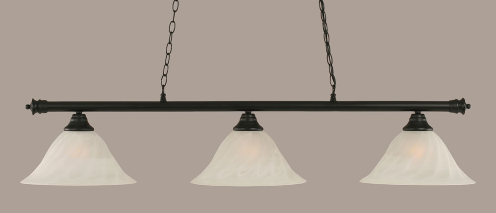 Oxford 3 Light Billiard Light Shown In Matte Black Finish With 14" White Alabaster Swirl Glass