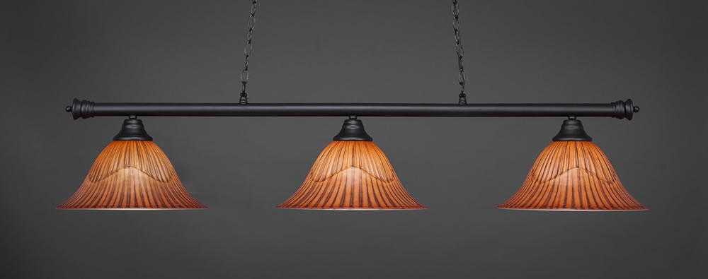 Oxford 3 Light Billiard Light Shown In Matte Black Finish With 14" Tiger Glass