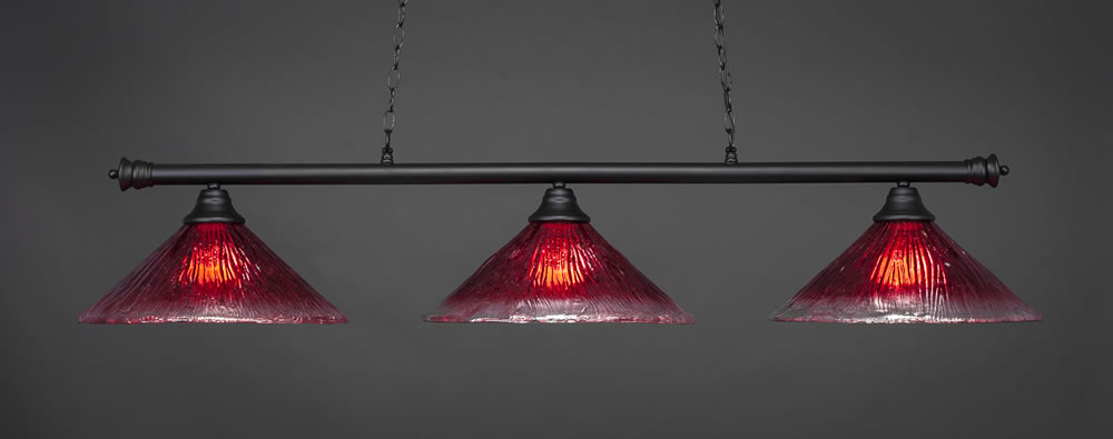 Oxford 3 Light Billiard Light Shown In Matte Black Finish With 16" Raspberry Crystal Glass