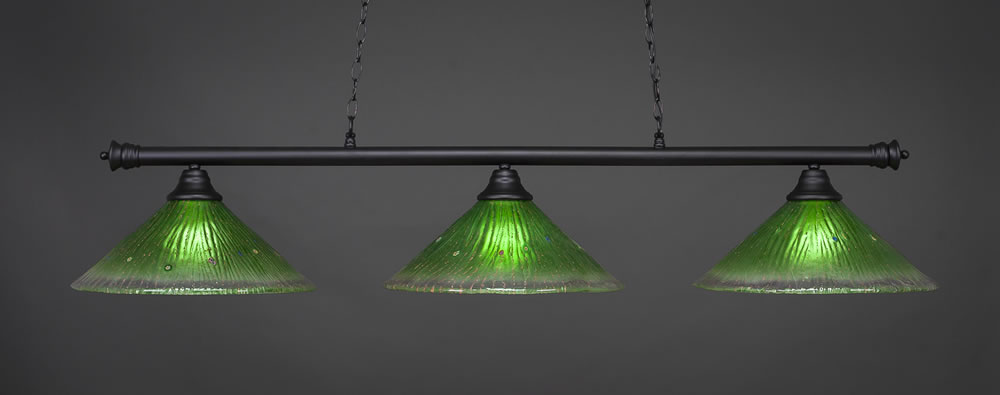 Oxford 3 Light Billiard Light Shown In Matte Black Finish With 16" Kiwi Green Crystal Glass