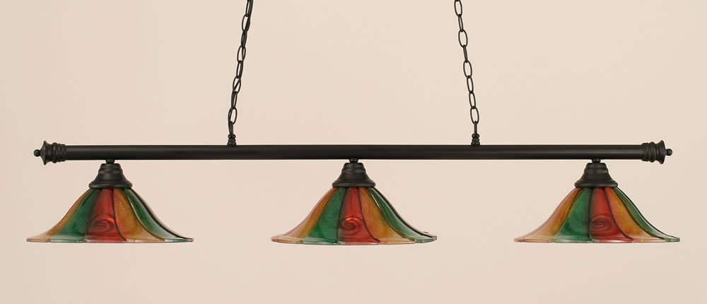 Oxford 3 Light Billiard Light Shown In Matte Black Finish With 14" Mardi Gras Glass