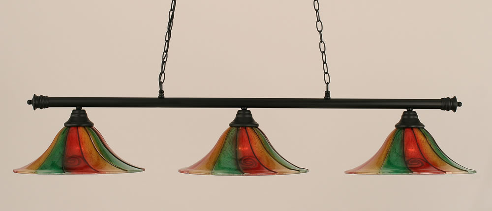 Oxford 3 Light Billiard Light Shown In Matte Black Finish With 16" Mardi Gras Glass